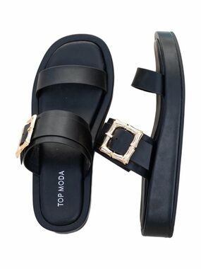 TOP Moda Black Slide Sandals with Decorative Gold Buckle